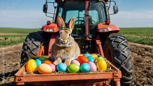 Adorable rabbit wearing glasses driving a tractor loaded with vibrant, colorful easter eggs on a festive spring day