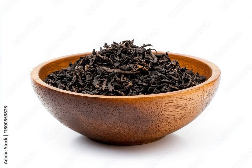 Wooden bowl with dried black tea leaves on isolated white background. Generated AI Wooden bowl with dried black tea leaves on isolated white background. Generated AI