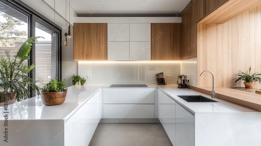modern kitchen with white counters and a folding screen beside a white wall. modern kitchen with white counters and a folding screen beside a white wall.