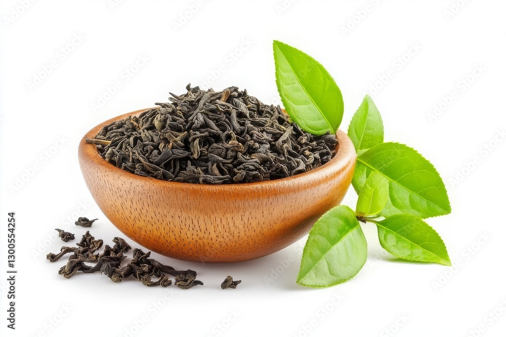 Wooden bowl with dried and fresh black tea leaves on isolated white background. Generated AI Wooden bowl with dried and fresh black tea leaves on isolated white background. Generated AI