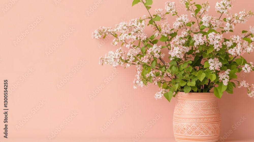 Naklejka premium Delicate White Flowers in Terracotta Vase Against Soft Pink Background