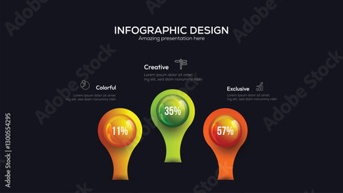 Business 3 option infographic presentation vector 3D colorful balls illustration. Company statistics information graphic visualization template Corporate marketing analytics data report design layout.