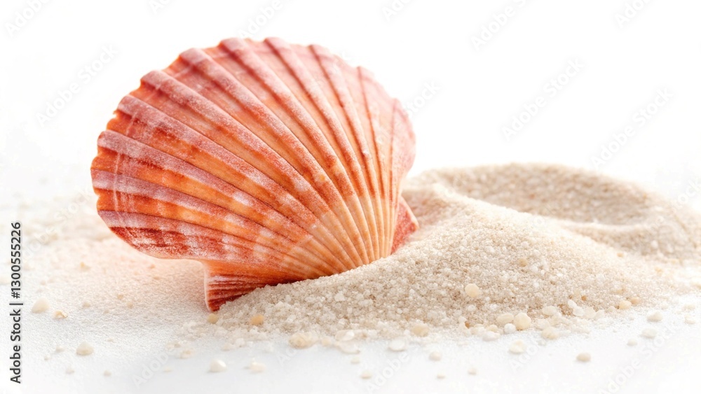 Seashell on White Sand Beach Close-Up with Textured Details Seashell on White Sand Beach Close-Up with Textured Details