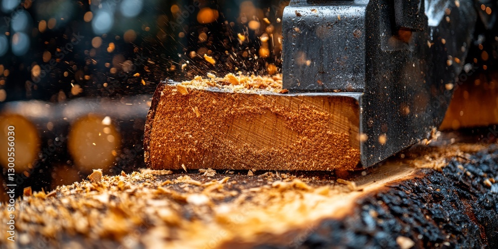 Industrial blade cutting wood with sawdust particles flying around Industrial blade cutting wood with sawdust particles flying around
