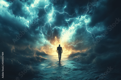 Wallpaper Mural A businessman strides confidently across turbulent waters, surrounded by a dramatic storm with flashing lightning. His journey symbolizes resilience and adaptability in business crises Torontodigital.ca