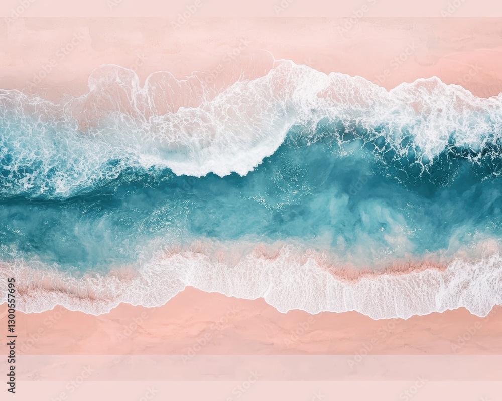 Fototapeta premium Serene Aerial View of Turquoise Ocean Waves on Pink Sandy Beach