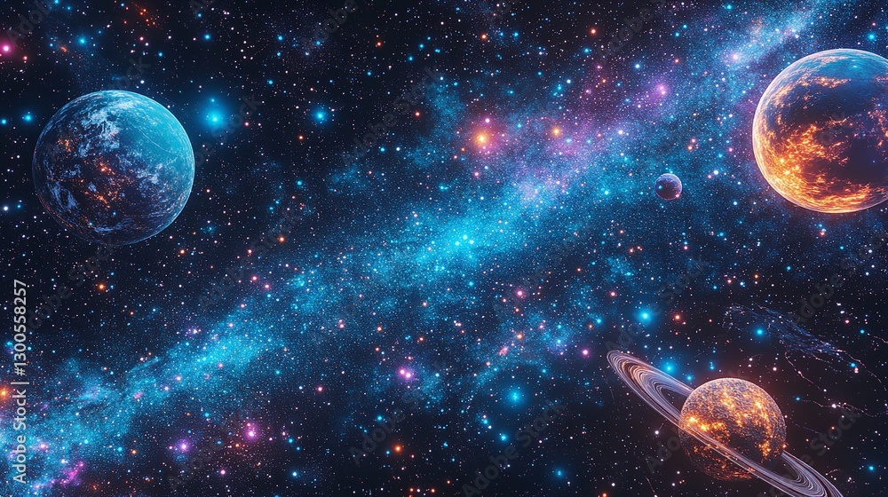 Obraz premium A Breathtaking Cosmic Journey Through Vibrant Nebulae, Showcasing Celestial Bodies With Glowing Rings And Fiery Planets In A Dazzling Display Of Astral Beauty