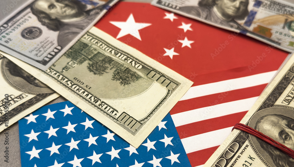 Us and china flags with currency symbolizing economic relations. Us and china flags with currency symbolizing economic relations.