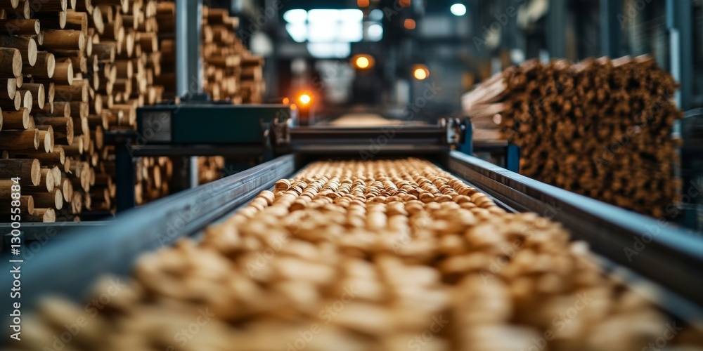Wine corks moving on conveyor belt in factory processing wood Wine corks moving on conveyor belt in factory processing wood