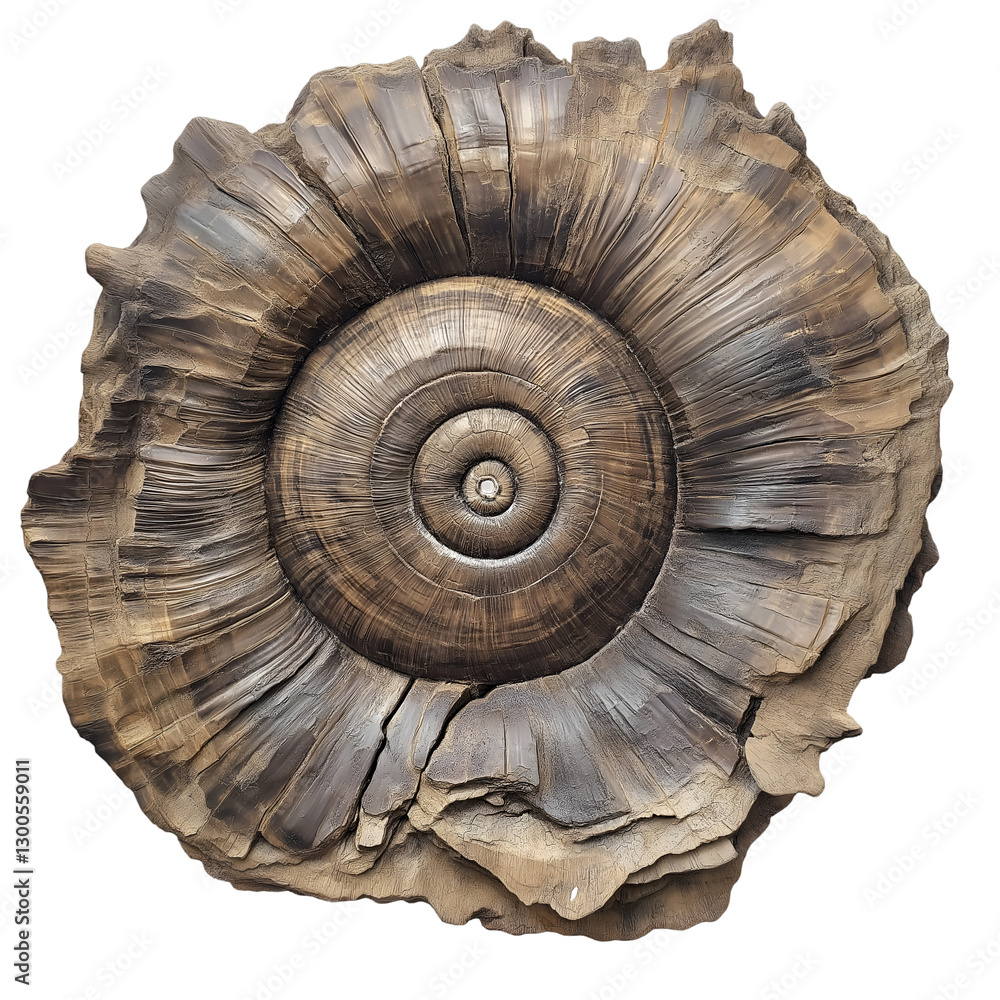 Fossilized Ammonite Specimen Displaying Intricate Spiral Pattern and Geological History. Isolated on transparent or white background Fossilized Ammonite Specimen Displaying Intricate Spiral Pattern and Geological History. Isolated on transparent or white background