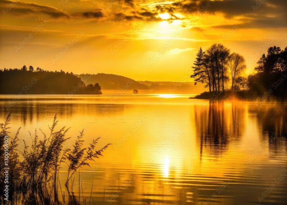 Fototapeta premium Golden sunrise silhouettes a tranquil lake, peaceful reflections mirrored in gold foil.