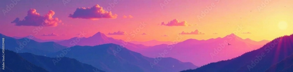 Fototapeten   - Vibrant gradient vector landscape with wispy clouds and mountains,  gradient,  landscape #1300559488