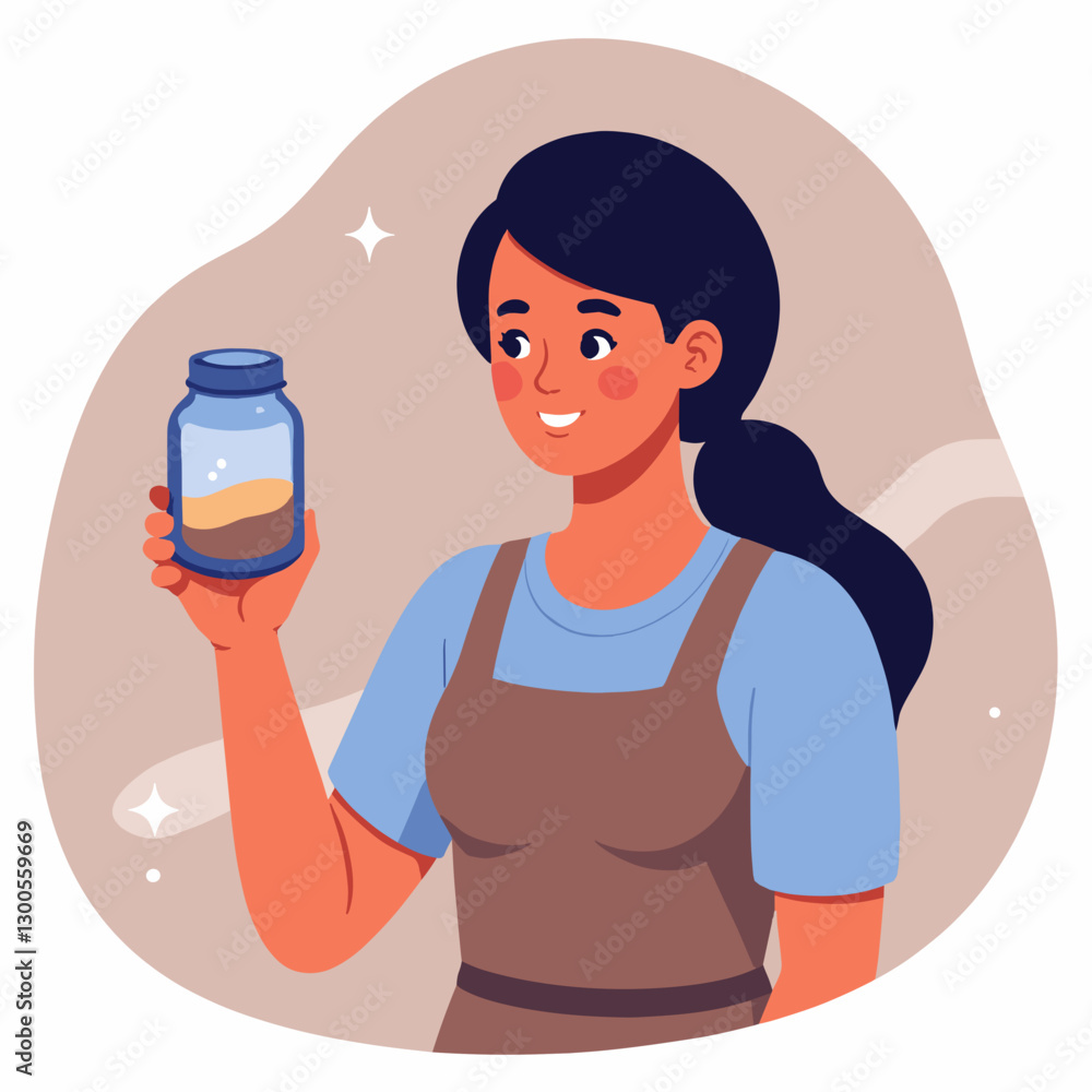 Smiling woman holding a jar in a cozy illustration Smiling woman holding a jar in a cozy illustration