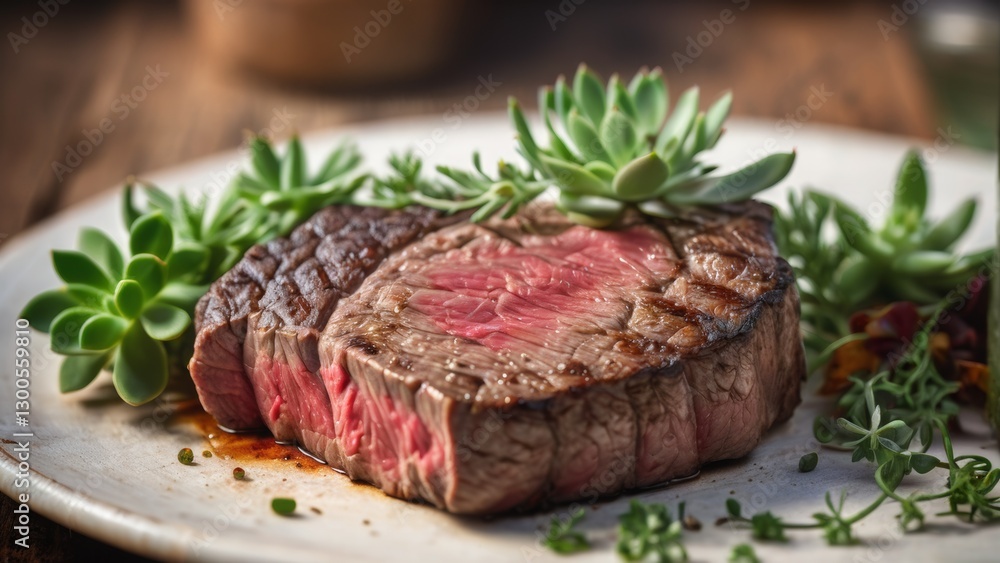 A succulent, medium-rare steak is presented on a white plate, garnished with fresh green succulents and herbs, showcasing a gourmet meal with a rustic, natural aesthetic A succulent, medium-rare steak is presented on a white plate, garnished with fresh green succulents and herbs, showcasing a gourmet meal with a rustic, natural aesthetic