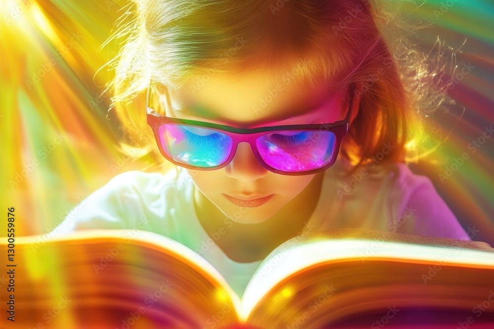 Young girl immersed in reading a colorful book under vibrant light reflections, showcasing curiosity and joy in a magical atmosphere of imagination and wonderment Young girl immersed in reading a colorful book under vibrant light reflections, showcasing curiosity and joy in a magical atmosphere of imagination and wonderment
