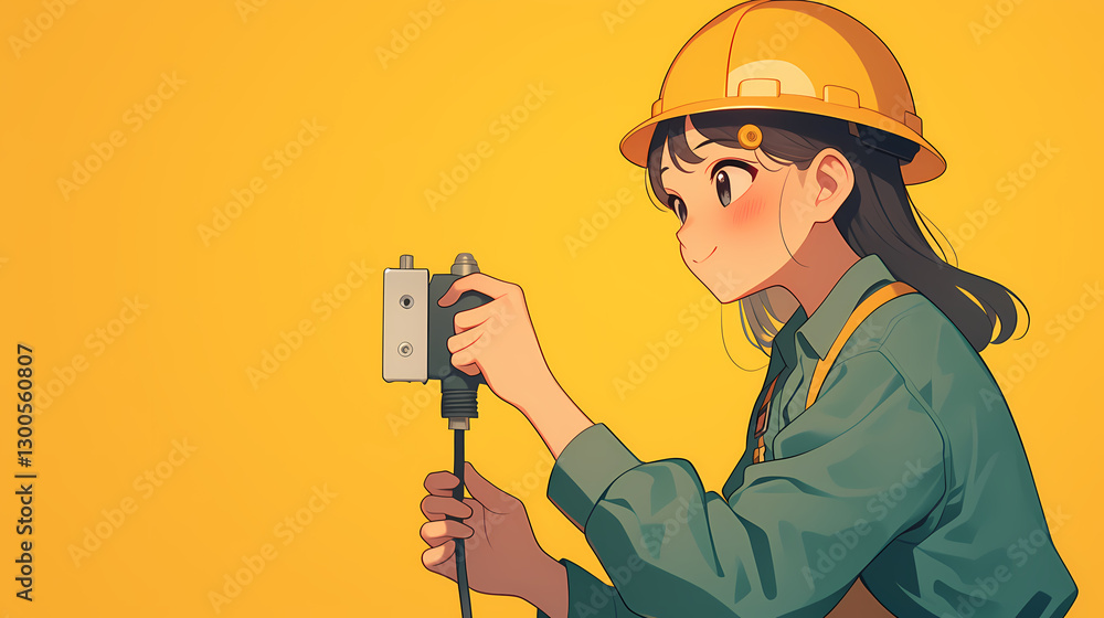 Young woman in a hard hat operating a tool against a bright yellow background, showcasing determination Young woman in a hard hat operating a tool against a bright yellow background, showcasing determination