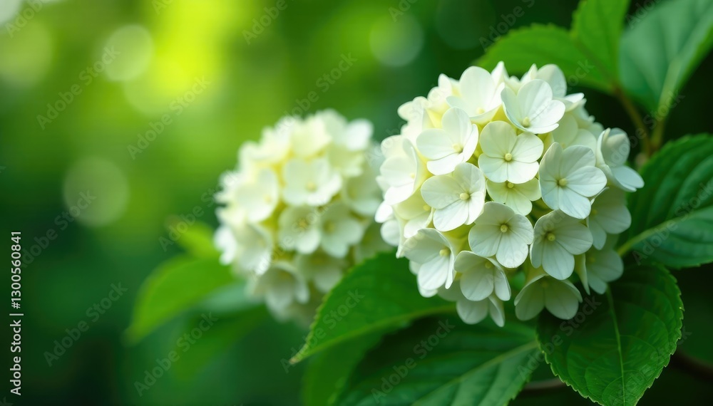 White hydrangea flowers in full bloom on a lush green branch, greenery, hydrangea White hydrangea flowers in full bloom on a lush green branch, greenery, hydrangea