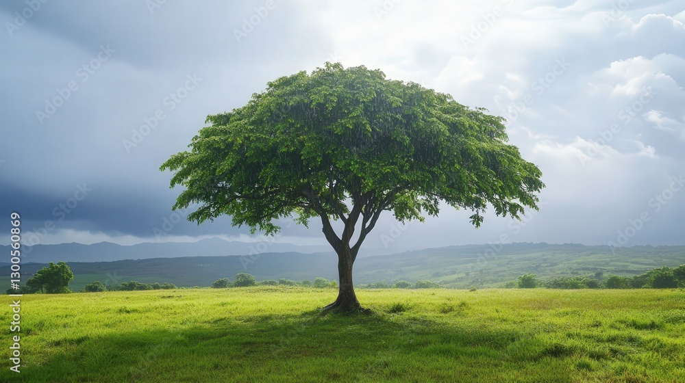 rain tree standing alone in an open field, its branches spreading like an umbrella rain tree standing alone in an open field, its branches spreading like an umbrella