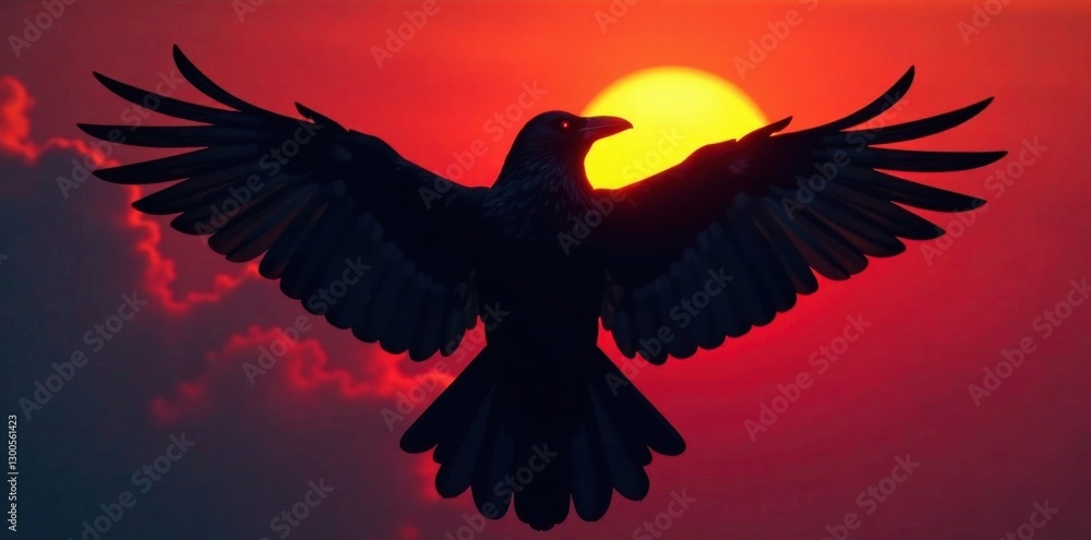 Fototapeta premium Dark silhouette of a crow in mid-air with wings spread, front-facing profile , wildlife, birds