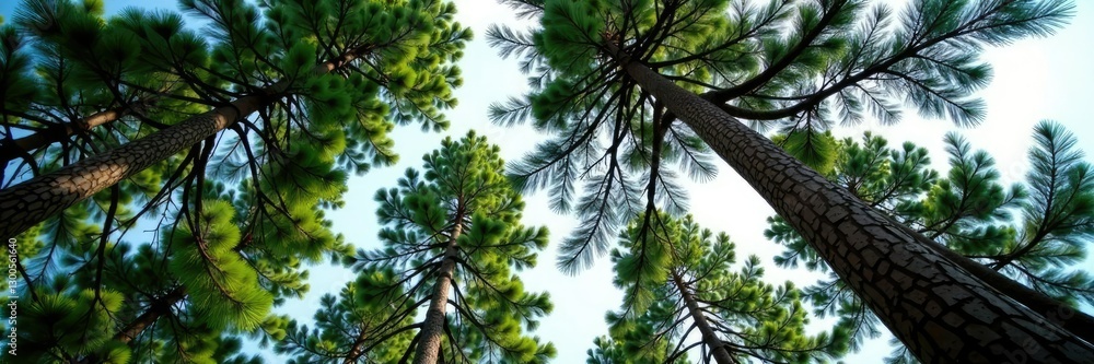 Tall pine tree with branches stretched upwards, leafy foliage in shades of green, pine tree, nature Tall pine tree with branches stretched upwards, leafy foliage in shades of green, pine tree, nature