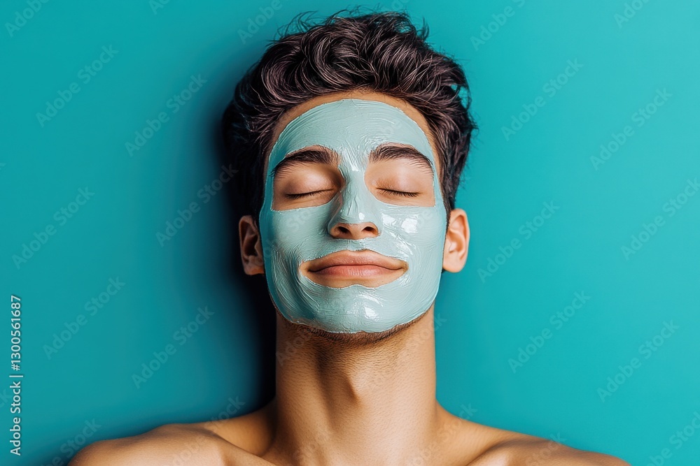 Young man enjoys a relaxing skincare treatment with a green mask on his face while lying against a turquoise background in a serene setting Young man enjoys a relaxing skincare treatment with a green mask on his face while lying against a turquoise background in a serene setting