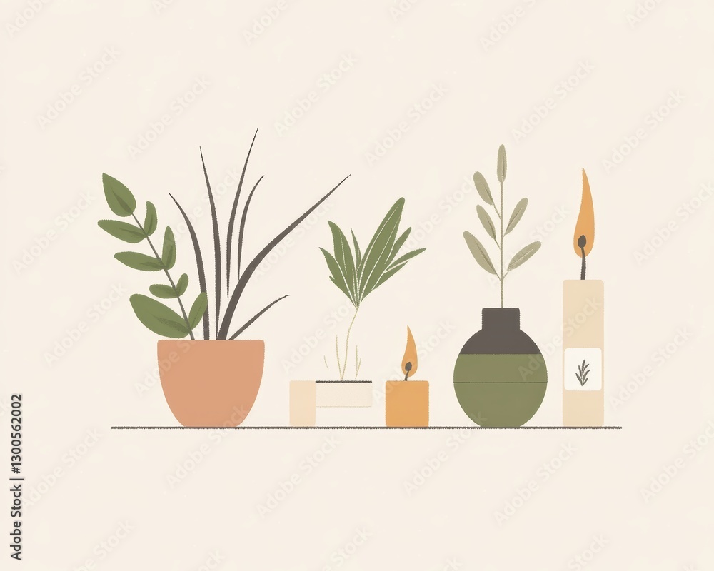 Modern Still Life with Plants and Decor on Neutral Background Modern Still Life with Plants and Decor on Neutral Background