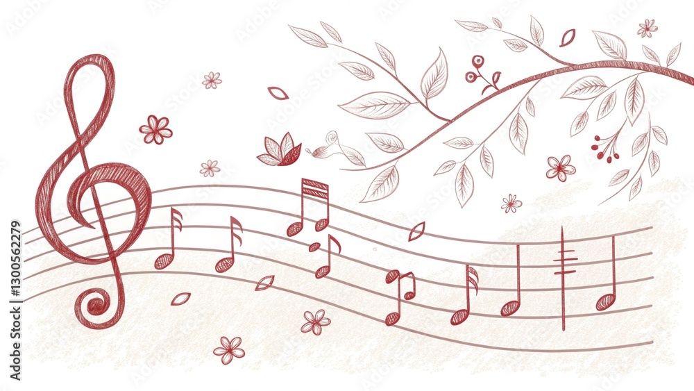 Hand-Drawn Musical Notes with Treble Clef and Floral Elements Hand-Drawn Musical Notes with Treble Clef and Floral Elements