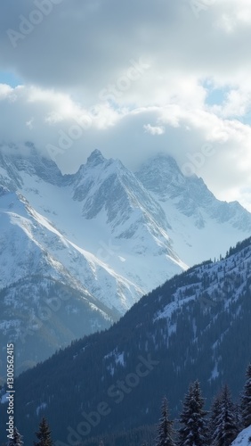 The mountains are covered in snow and the sky is cloudy. The mountains are tall and majestic, and the snow-covered trees add to the beauty of the scene
