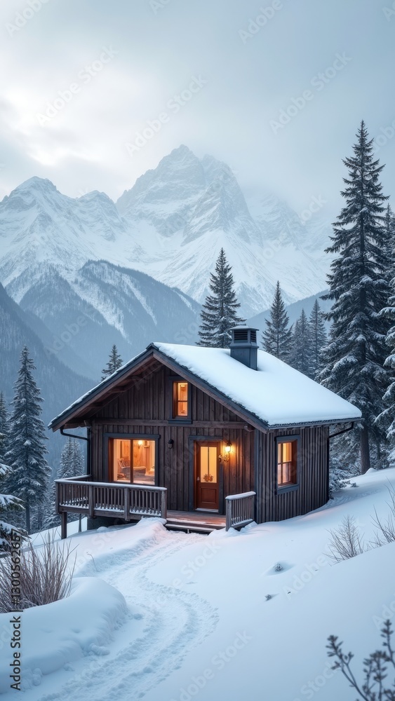 Cabin in the woods with a snow covered mountain in the background. The cabin is small and cozy, with a fireplace and a window. The scene is peaceful and serene Cabin in the woods with a snow covered mountain in the background. The cabin is small and cozy, with a fireplace and a window. The scene is peaceful and serene