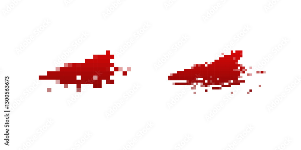 Two pixelated red blood stains appearing distorted and glitchy in a digital horror style. Two pixelated red blood stains appearing distorted and glitchy in a digital horror style.
