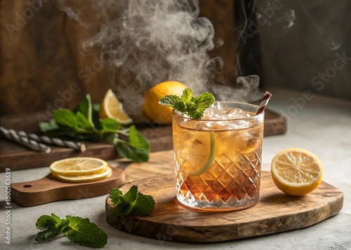 Fototapeta Naklejka Na Ścianę i Meble -  Refreshing iced tea with lemon and mint. Steaming hot drink in a glass.