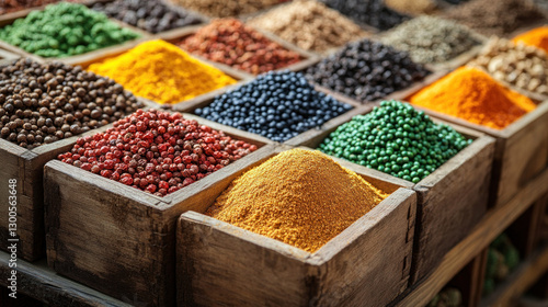 Fototapeta Naklejka Na Ścianę i Meble -  AI-powered spice trade hub, real-time global market analysis influencing automated production adjustments, spice freshness optimized for export