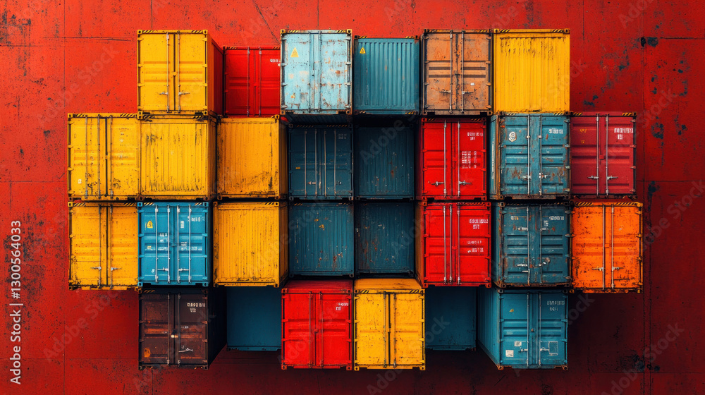 Fototapeta premium Aerial perspective of a shipping container factory, vibrant colored containers stacked in an organized pattern, loading cranes actively transporting goods