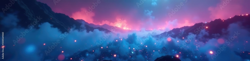 Fototapeta premium Soft and glowing blue bokeh lights blend into a rainbow-colored misty landscape, glowing mist, mystical scene