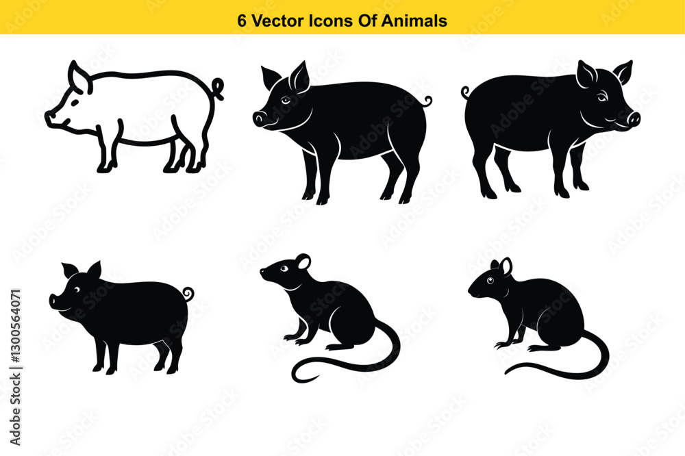 Obraz premium Vector Icons of Pigs and Rats in Black and White