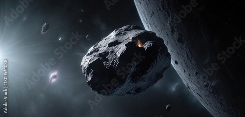 Icy asteroid drifting through dark interstellar space, space background,  galaxy