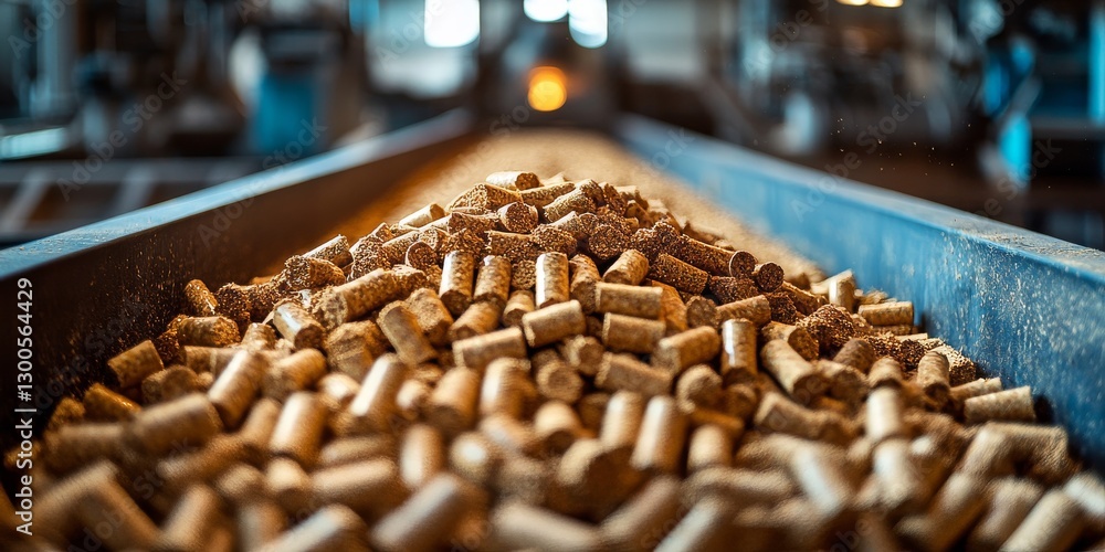 Wood pellets moving on conveyor belt in a biomass processing plant Wood pellets moving on conveyor belt in a biomass processing plant