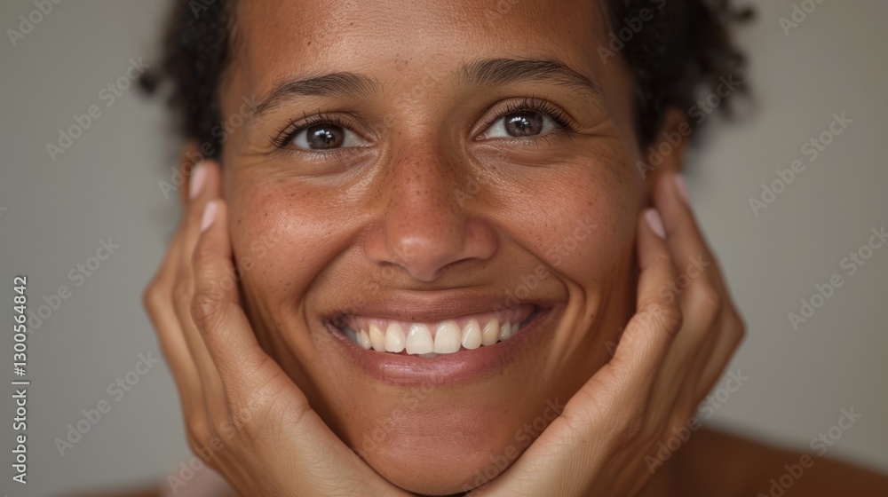 The image features a person, specifically a woman, smiling at the camera with her hands on either side of her face, showcasing a joyful expression. The image features a person, specifically a woman, smiling at the camera with her hands on either side of her face, showcasing a joyful expression.