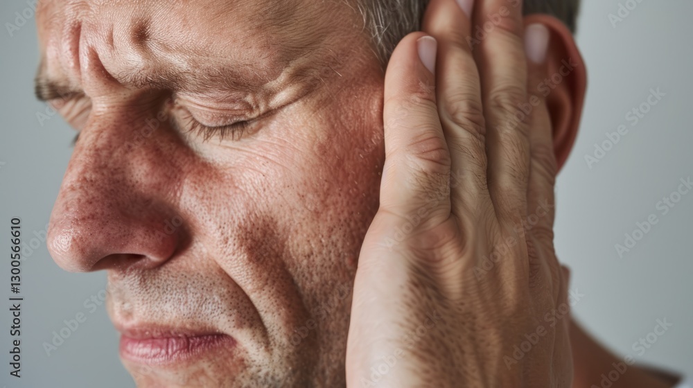 Fototapeta premium Aging man with a confused expression, holding his head with both hands near an ear.