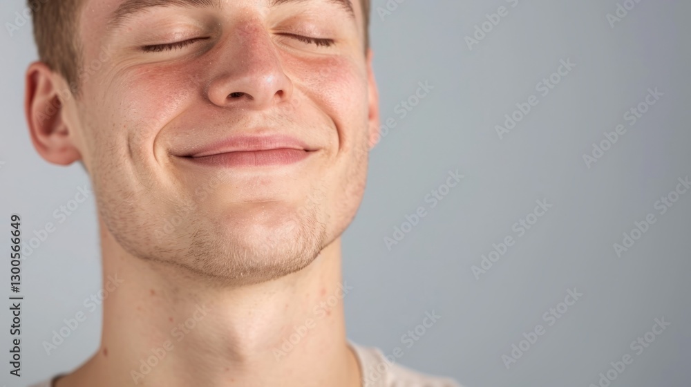 The image shows a man smiling while looking upwards. The image shows a man smiling while looking upwards.