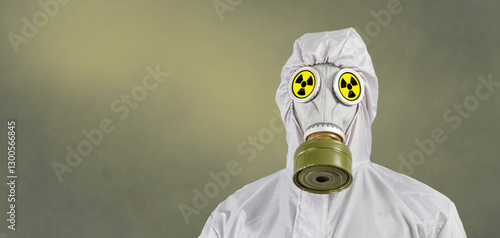 A man in a gas mask and protective suit. Environmental pollution concept. Dirty air with dust and noise, grunge effect. photo