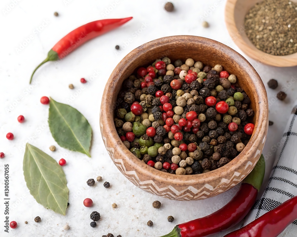 Close up of mixed peppercorns in a wooden bowl with chili peppers and bay leaves. Close up of mixed peppercorns in a wooden bowl with chili peppers and bay leaves.