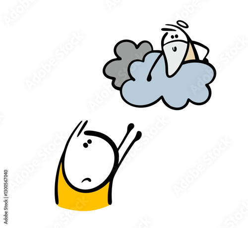 Religious man suffers and stretches his arms to heaven to God. Vector illustration of prayer and asking for forgiveness for sins. Isolated cartoon on white background.