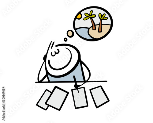 Cartoon stickman sits at a desk or desk and works in an office, in a classroom at school. Vector illustration of a man dreaming of vacations, vacations and tropical islands in the sea.  