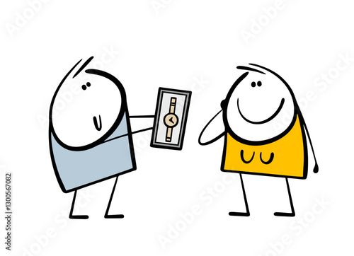 Vector illustration of a stickman makes a gift for a girl on a holiday. Cartoon man gives a woman an expensive gold watch. Happy lady is delighted. Isolated on white background.