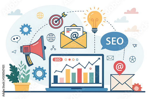A digital marketing concept in flat design, featuring SEO, social media, and email marketing icons with dynamic, modern visuals
