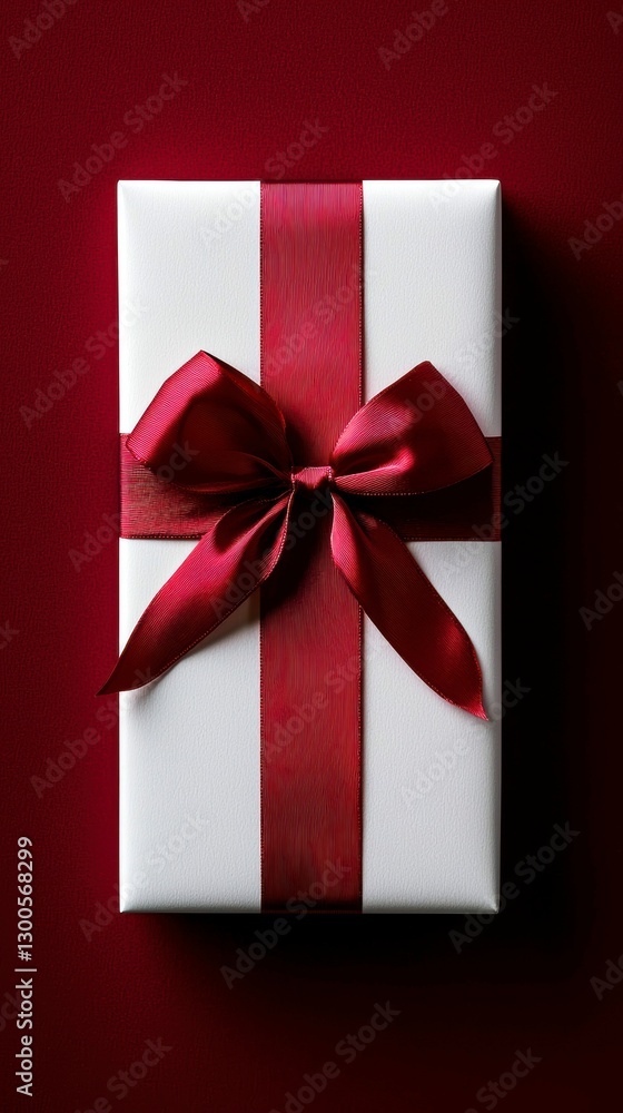 Elegant Red Bow on White Gift Box Against Red Background Elegant Red Bow on White Gift Box Against Red Background