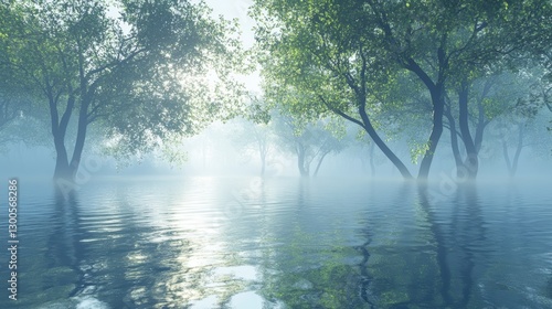 Serene Misty Forest with Reflections in Calm Water at Dawn