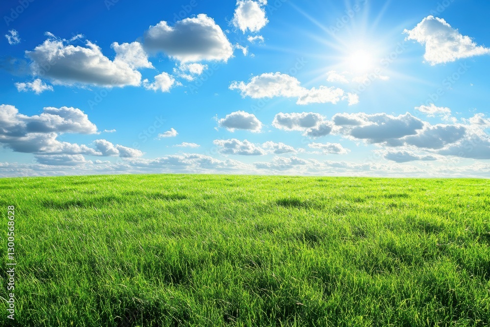 Lush Green Field Under Bright Blue Sky with Fluffy White Clouds Lush Green Field Under Bright Blue Sky with Fluffy White Clouds