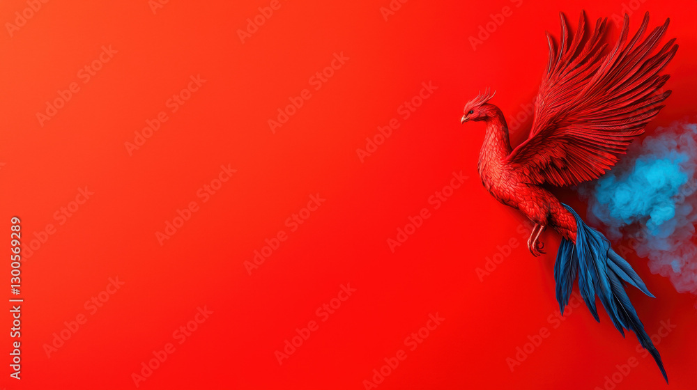 Obraz premium NDE Near Death Experience. Vibrant red bird with colorful tail against a bold red background.